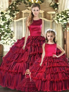 Wine Red Sweet 16 Dresses Military Ball and Sweet 16 and Quinceanera with Ruffled Layers Scoop Sleeveless Lace Up