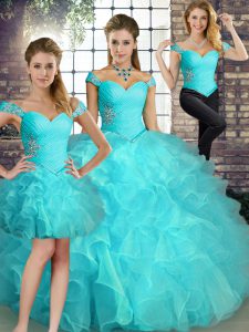 Nice Organza Off The Shoulder Sleeveless Lace Up Beading and Ruffles Sweet 16 Quinceanera Dress in Aqua Blue