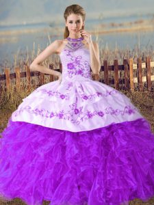 Customized Purple Sleeveless Floor Length Embroidery and Ruffles Lace Up Quinceanera Dress