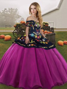 Fuchsia Tulle Lace Up Off The Shoulder Sleeveless Floor Length 15th Birthday Dress Embroidery