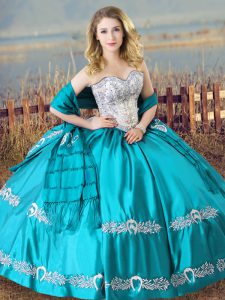 Aqua Blue Satin Lace Up Sweetheart Sleeveless Floor Length 15 Quinceanera Dress Beading and Embroidery