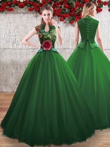 Trendy Green Tulle Lace Up V-neck Sleeveless Floor Length Quinceanera Dresses Hand Made Flower