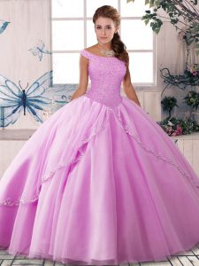 Lovely Lilac Ball Gowns Beading 15 Quinceanera Dress Lace Up Tulle Sleeveless