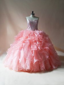Noble Pink Lace Up 15th Birthday Dress Beading and Ruffles Sleeveless Floor Length