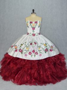 Decent White And Red 15th Birthday Dress Sweet 16 and Quinceanera with Embroidery and Ruffles Sweetheart Sleeveless Lace Up