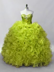 Customized Sleeveless Organza Floor Length Lace Up Quinceanera Dresses in Yellow Green with Ruffles and Sequins
