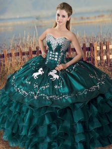 Perfect Peacock Green Sweetheart Lace Up Embroidery and Ruffles Quinceanera Dresses Sleeveless