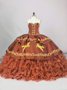 Free and Easy Brown Sleeveless Embroidery and Ruffled Layers Lace Up Quinceanera Dresses