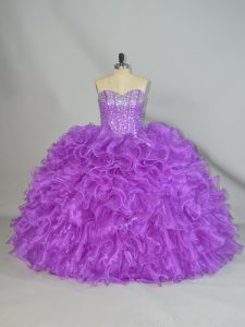 Stylish Purple Sweetheart Neckline Beading and Ruffles Quinceanera Dress Sleeveless Lace Up