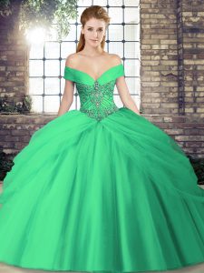 Graceful Turquoise Vestidos de Quinceanera Military Ball and Sweet 16 and Quinceanera with Beading and Pick Ups Off The Shoulder Sleeveless Brush Train Lace Up