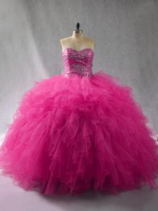 Customized Fuchsia Ball Gowns Beading and Ruffles 15th Birthday Dress Lace Up Tulle Sleeveless Floor Length