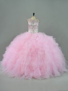 Adorable Baby Pink Ball Gowns Scoop Sleeveless Tulle Floor Length Lace Up Beading and Ruffles Ball Gown Prom Dress