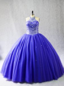 Fashionable Tulle Halter Top Sleeveless Brush Train Lace Up Beading Quinceanera Gown in Blue