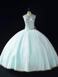 Captivating Scoop Sleeveless Lace Up Quinceanera Gowns Apple Green Tulle