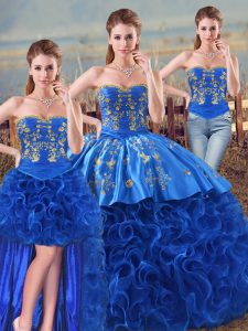 Royal Blue Three Pieces Fabric With Rolling Flowers Sweetheart Sleeveless Embroidery and Ruffles Floor Length Lace Up Quinceanera Dresses