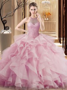 Fabulous Pink Organza Lace Up Quinceanera Gowns Sleeveless Sweep Train Beading and Ruffles
