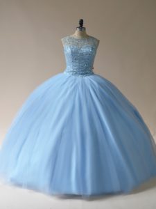 Floor Length Light Blue Quinceanera Gown Scoop Sleeveless Lace Up
