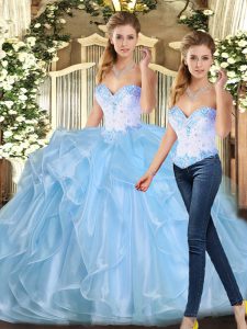 Floor Length Blue Quince Ball Gowns Organza Sleeveless Beading and Ruffles