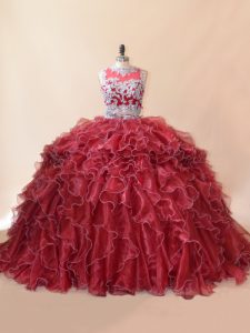 Designer Organza Scoop Sleeveless Brush Train Zipper Beading and Lace and Appliques Quinceanera Gown in Red