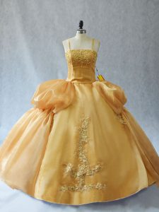 Fantastic Gold Quinceanera Gowns Sweet 16 and Quinceanera with Appliques Straps Sleeveless Lace Up