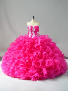 Hot Pink Organza Lace Up Sweetheart Sleeveless Quince Ball Gowns Appliques and Ruffles