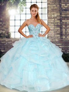 Great Sleeveless Tulle Floor Length Lace Up Ball Gown Prom Dress in Light Blue with Beading and Ruffles