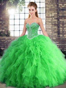 Low Price Sweetheart Sleeveless Quinceanera Gowns Floor Length Beading and Ruffles Green Tulle