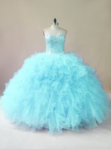 Romantic Aqua Blue Tulle Lace Up Quinceanera Gown Sleeveless Floor Length Beading and Ruffles