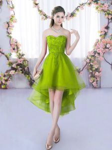 Dramatic High Low A-line Sleeveless Olive Green Quinceanera Court of Honor Dress Lace Up
