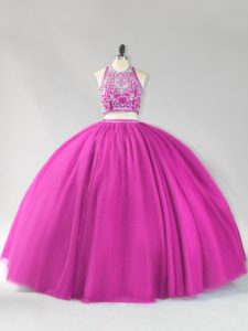 Fuchsia Tulle Backless Quinceanera Gowns Sleeveless Floor Length Beading