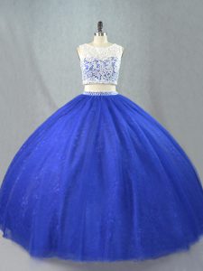 Scoop Sleeveless Quince Ball Gowns Floor Length Lace Royal Blue Tulle