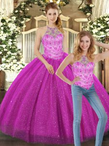Discount Fuchsia Halter Top Lace Up Beading Ball Gown Prom Dress Sleeveless