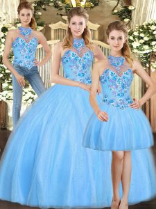 Custom Made Baby Blue Ball Gown Prom Dress Sweet 16 and Quinceanera with Embroidery Halter Top Sleeveless Lace Up