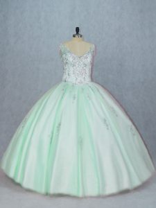 Modest Apple Green Quinceanera Dress Sweet 16 and Quinceanera with Beading and Appliques V-neck Sleeveless Lace Up