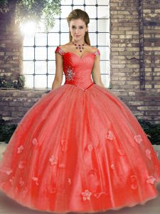 Hot Selling Floor Length Watermelon Red Quinceanera Gown Tulle Sleeveless Beading and Appliques