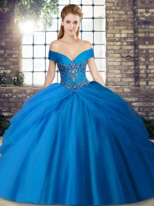 Brush Train Ball Gowns Quinceanera Gown Blue Off The Shoulder Tulle Sleeveless Lace Up