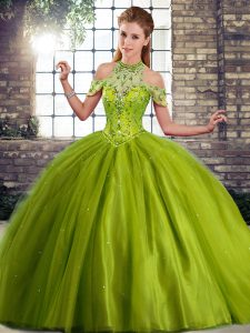 Fine Halter Top Sleeveless Quinceanera Gowns Brush Train Beading Olive Green Tulle