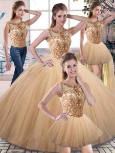 Inexpensive Gold Tulle Lace Up Sweet 16 Quinceanera Dress Sleeveless Floor Length Beading