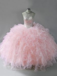 Pink Lace Up Halter Top Beading and Ruffles Sweet 16 Quinceanera Dress Tulle Sleeveless