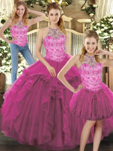 Fuchsia Three Pieces Halter Top Sleeveless Tulle Floor Length Lace Up Beading and Ruffles Quinceanera Dresses