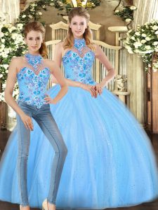 Baby Blue Halter Top Lace Up Embroidery 15th Birthday Dress Sleeveless