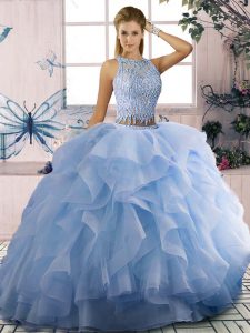 Adorable Two Pieces Quinceanera Dress Blue Scoop Tulle Sleeveless Floor Length Zipper