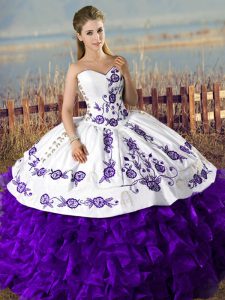 White And Purple Sweetheart Lace Up Embroidery and Ruffles Sweet 16 Dresses Sleeveless
