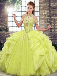 Simple Floor Length Yellow Green Quinceanera Gowns Organza Sleeveless Beading and Ruffles