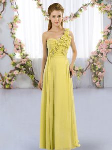 Most Popular One Shoulder Sleeveless Lace Up Quinceanera Court Dresses Yellow Green Chiffon