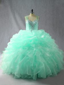 Sleeveless Organza Floor Length Zipper 15 Quinceanera Dress in Apple Green with Beading and Ruffles and Pick Ups