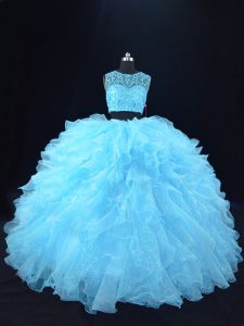 Popular Aqua Blue Ball Gowns Beading and Ruffles Ball Gown Prom Dress Zipper Organza Sleeveless Floor Length