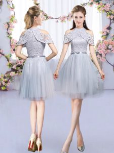 Simple Grey Damas Dress Wedding Party with Lace and Belt High-neck Sleeveless Zipper