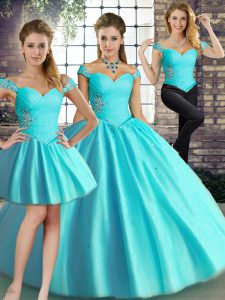 Aqua Blue Tulle Lace Up Sweet 16 Quinceanera Dress Sleeveless Floor Length Beading