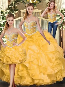 Gold Sleeveless Floor Length Beading and Ruffles Lace Up Ball Gown Prom Dress